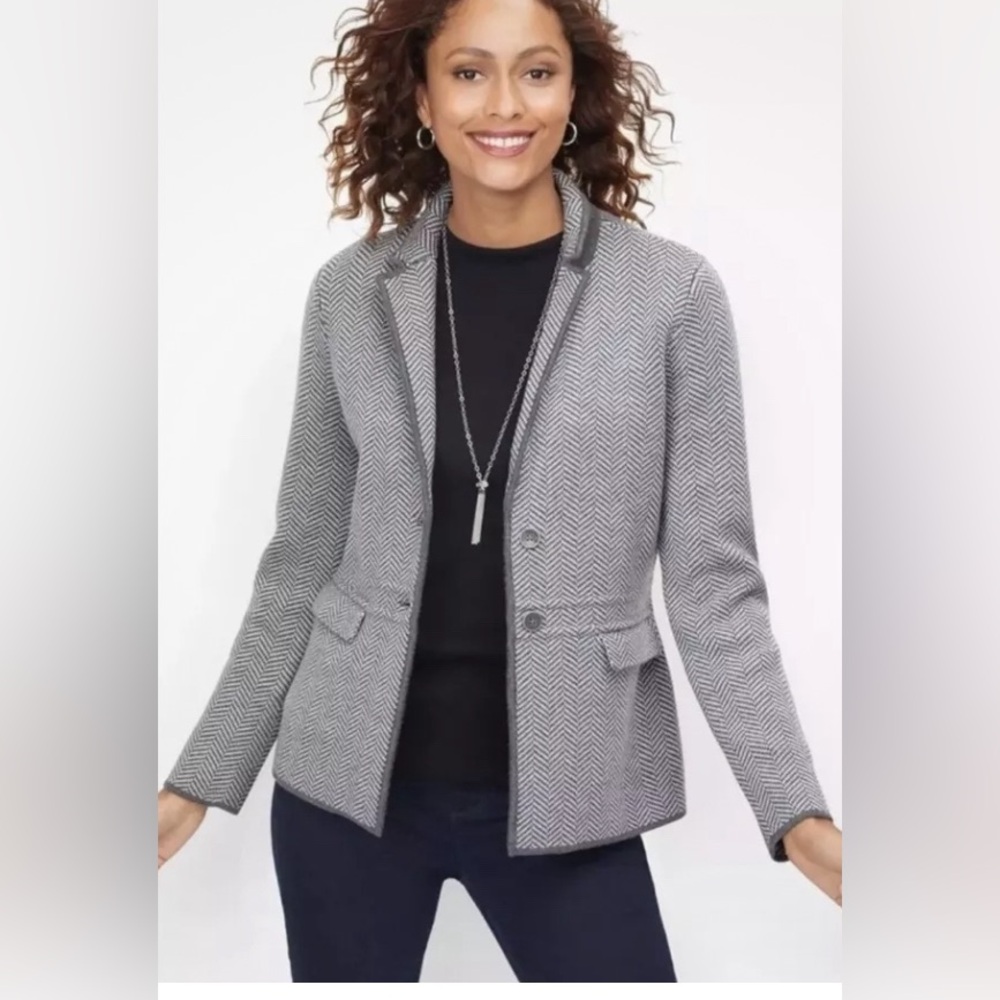 NWT Talbots Merino Wool Blazer Womens Sz M Sweater Jacket Herringbone Gray FALL